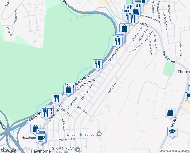 map of restaurants, bars, coffee shops, grocery stores, and more near 660 Commerce Street in Thornwood