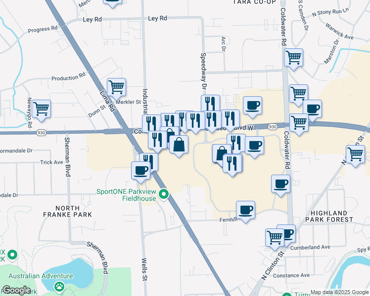 map of restaurants, bars, coffee shops, grocery stores, and more near 4122 Lima Road in Fort Wayne