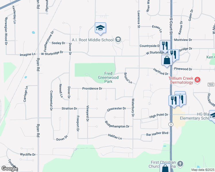 map of restaurants, bars, coffee shops, grocery stores, and more near 247 Providence Drive in Medina