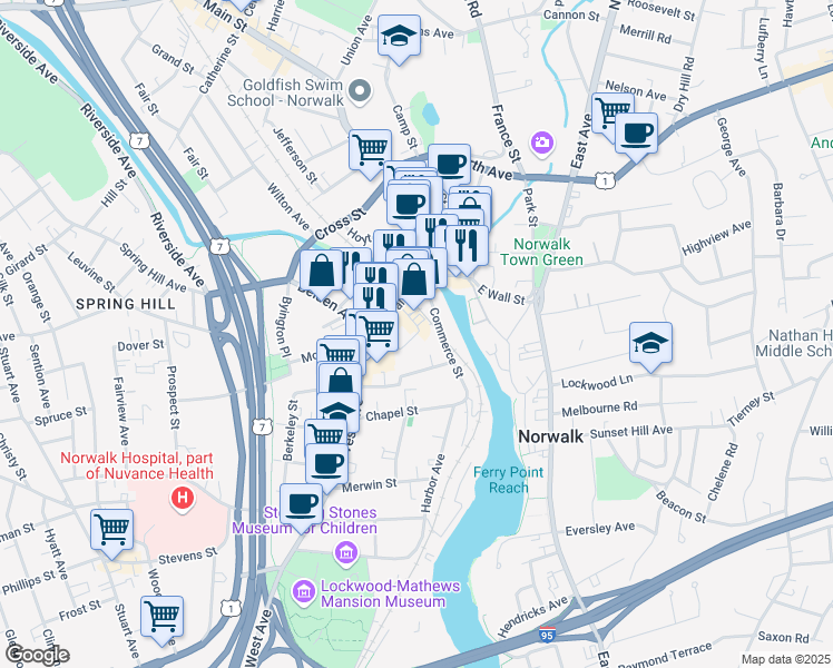 map of restaurants, bars, coffee shops, grocery stores, and more near 19 Isaac Street in Norwalk