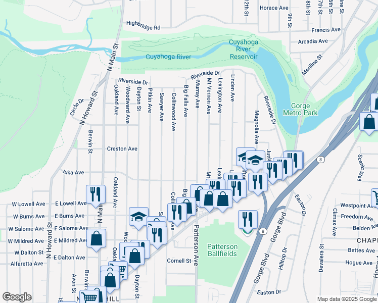 map of restaurants, bars, coffee shops, grocery stores, and more near 1138 Murray Avenue in Akron