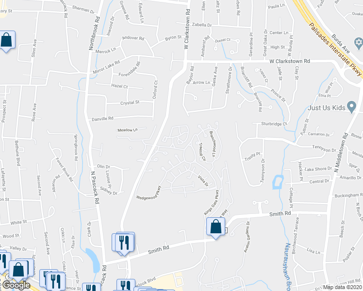 map of restaurants, bars, coffee shops, grocery stores, and more near 24 Tulip Court in Nanuet