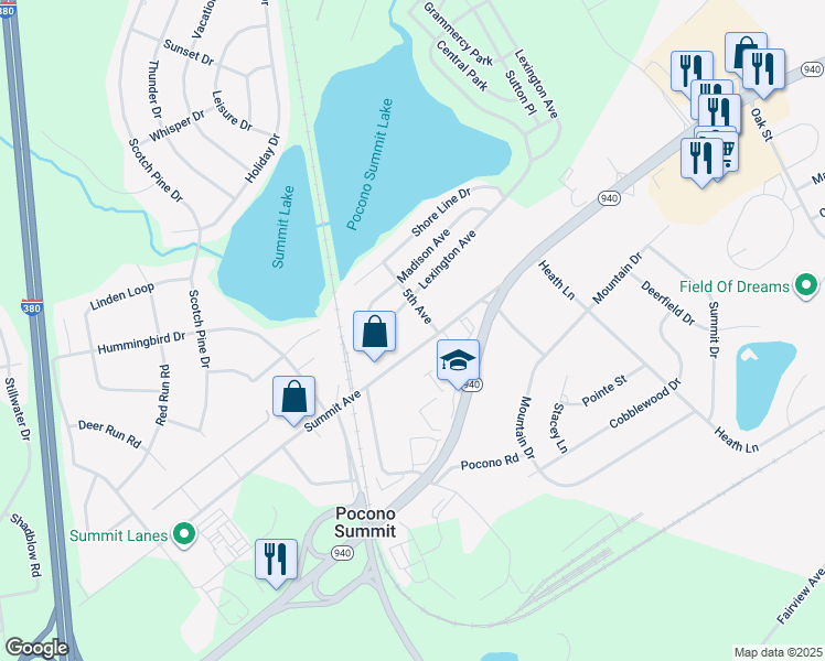 map of restaurants, bars, coffee shops, grocery stores, and more near 148 Summit Avenue in Pocono Summit