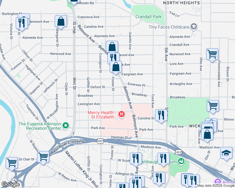 map of restaurants, bars, coffee shops, grocery stores, and more near 529 Broadway in Youngstown