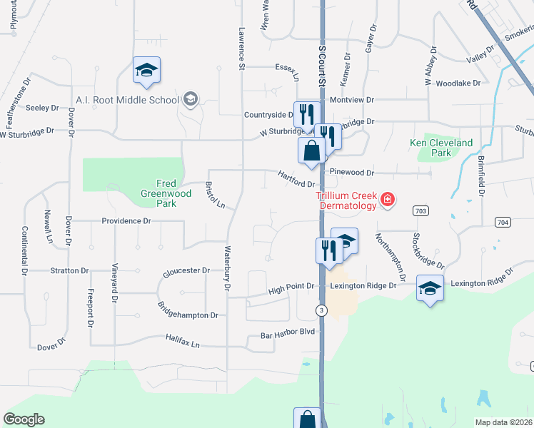 map of restaurants, bars, coffee shops, grocery stores, and more near 167 Mast Parkway in Medina