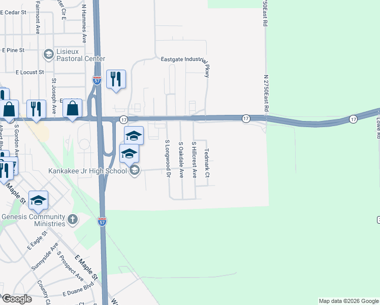 map of restaurants, bars, coffee shops, grocery stores, and more near 267 South Hillcrest Avenue in Kankakee