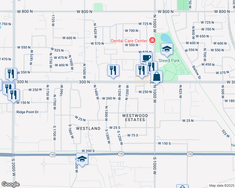 map of restaurants, bars, coffee shops, grocery stores, and more near 220 North 1250 West in Clearfield
