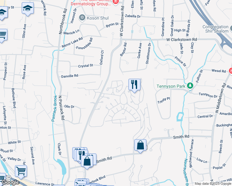 map of restaurants, bars, coffee shops, grocery stores, and more near 24 Tulip Court in Nanuet