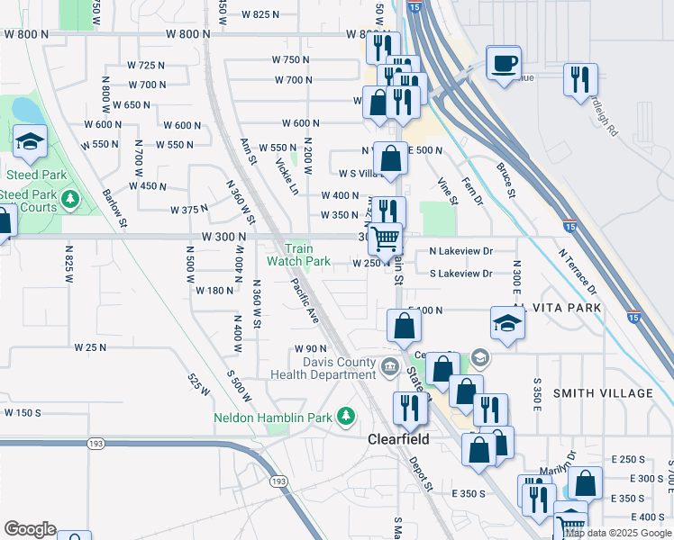 map of restaurants, bars, coffee shops, grocery stores, and more near 22 200 North in Clearfield