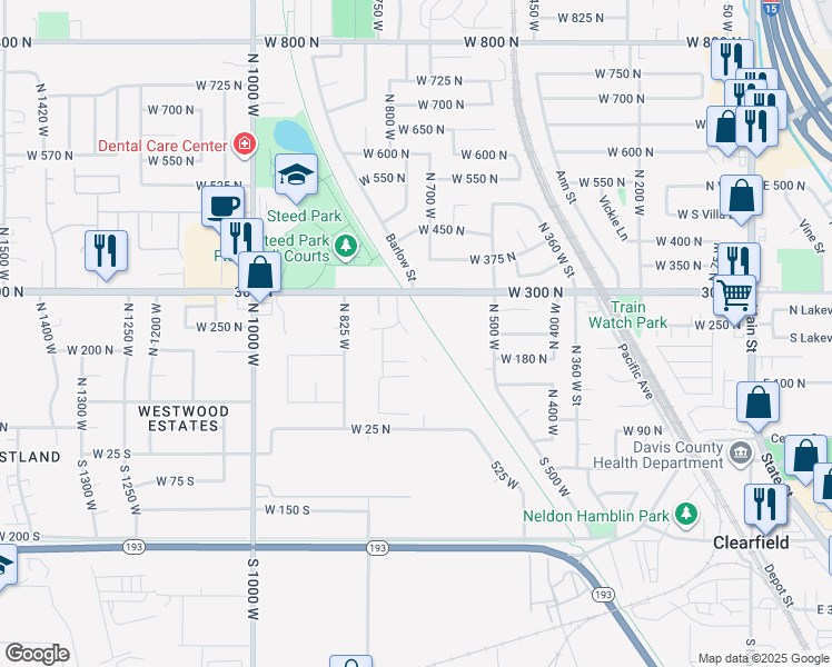 map of restaurants, bars, coffee shops, grocery stores, and more near 232 North Rick Way in Clearfield
