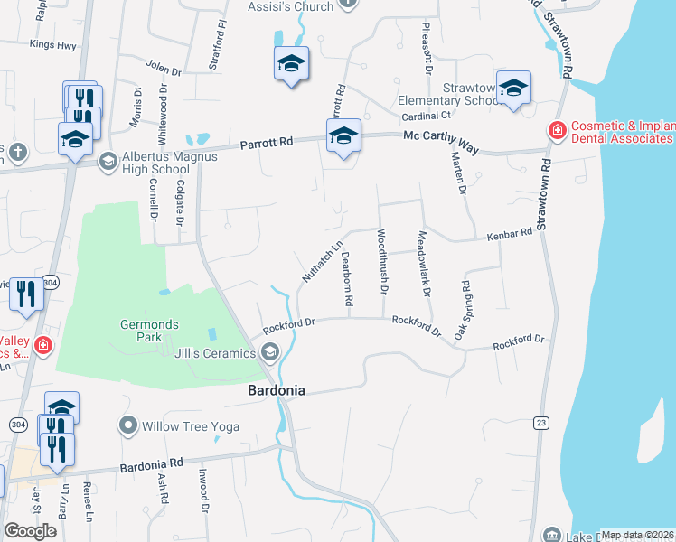 map of restaurants, bars, coffee shops, grocery stores, and more near 5 Dearborn Road in West Nyack