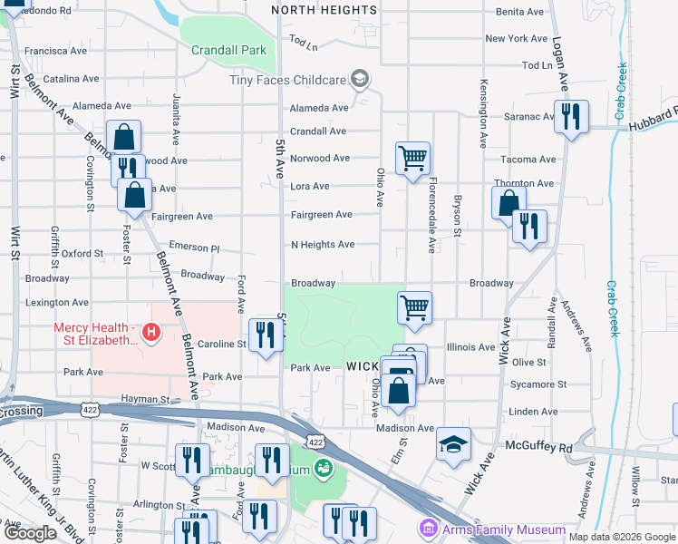 map of restaurants, bars, coffee shops, grocery stores, and more near 264 Broadway in Youngstown