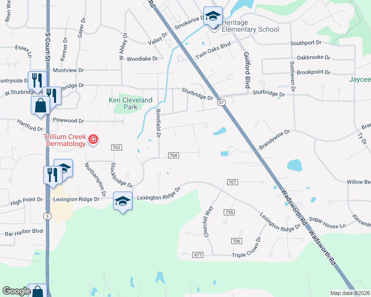 map of restaurants, bars, coffee shops, grocery stores, and more near 4553 Township Highway 704 in Medina