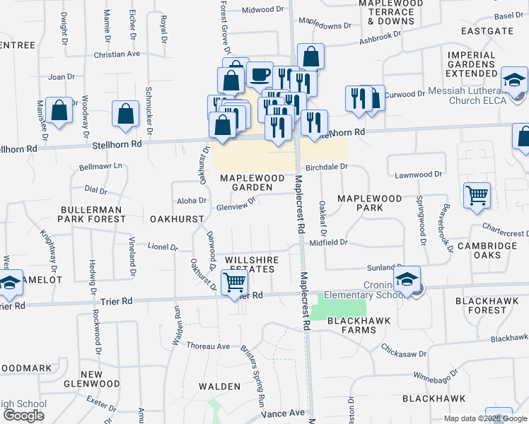 map of restaurants, bars, coffee shops, grocery stores, and more near 4027 Willshire Estates Dr in Fort Wayne