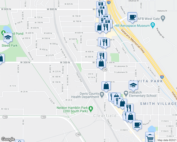 map of restaurants, bars, coffee shops, grocery stores, and more near 22 200 North in Clearfield