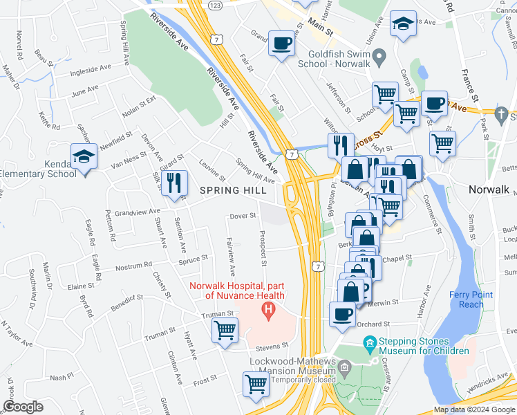 map of restaurants, bars, coffee shops, grocery stores, and more near 75 Van Buren Avenue in Norwalk
