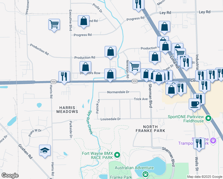 map of restaurants, bars, coffee shops, grocery stores, and more near 1223 Normandale Drive in Fort Wayne