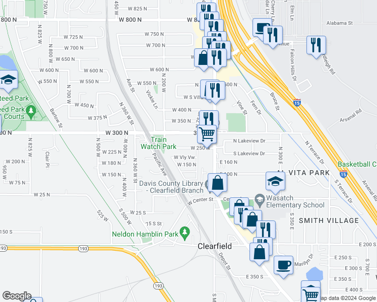 map of restaurants, bars, coffee shops, grocery stores, and more near 105 West 250 North in Clearfield