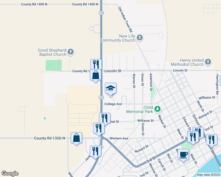 map of restaurants, bars, coffee shops, grocery stores, and more near 1023 College Avenue in Henry