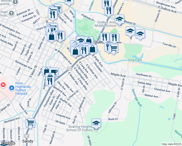 map of restaurants, bars, coffee shops, grocery stores, and more near 133 East Long Avenue in DuBois