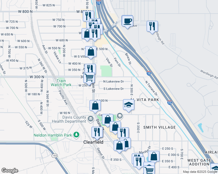 map of restaurants, bars, coffee shops, grocery stores, and more near 121 South Lakeview Drive in Clearfield
