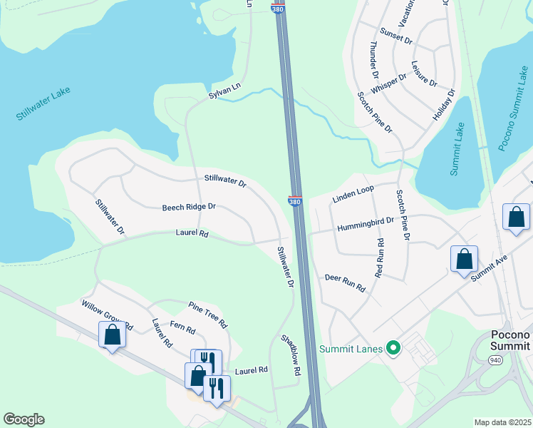 map of restaurants, bars, coffee shops, grocery stores, and more near 263 Stillwater Drive in Pocono Summit