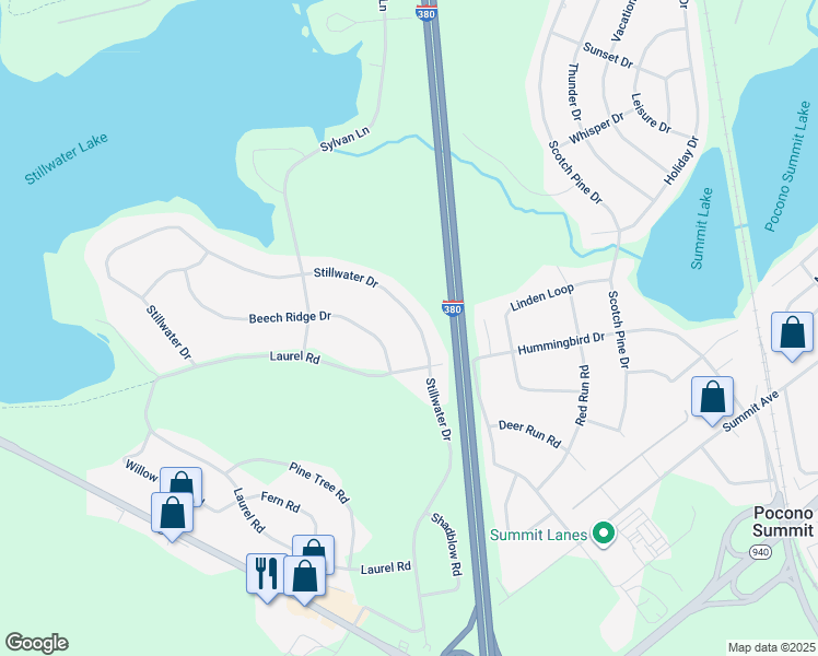 map of restaurants, bars, coffee shops, grocery stores, and more near 263 Stillwater Drive in Pocono Summit