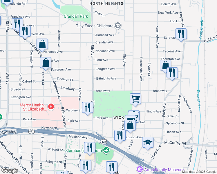 map of restaurants, bars, coffee shops, grocery stores, and more near 264 Broadway in Youngstown