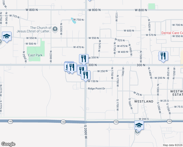 map of restaurants, bars, coffee shops, grocery stores, and more near 215 North 1900 West in West Point