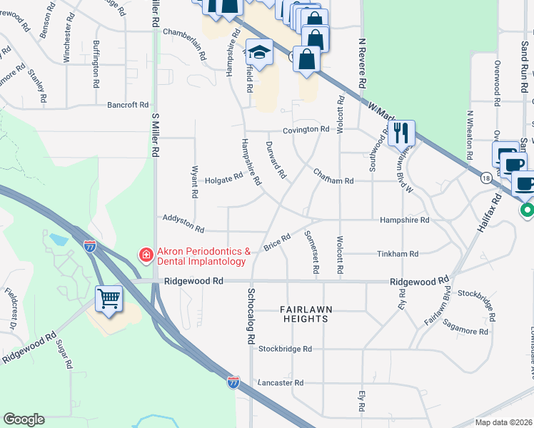 map of restaurants, bars, coffee shops, grocery stores, and more near 250 Schocalog Road in Akron