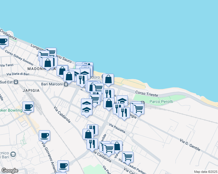 map of restaurants, bars, coffee shops, grocery stores, and more near Scala in Bari