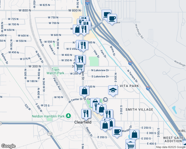 map of restaurants, bars, coffee shops, grocery stores, and more near 78 South Lakeview Drive in Clearfield