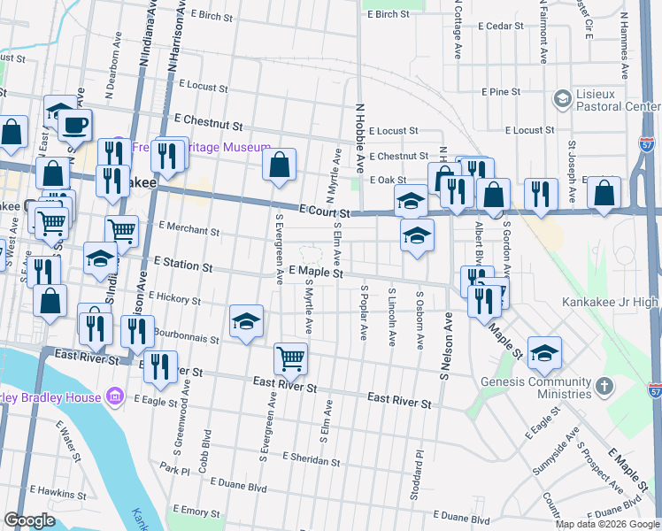 map of restaurants, bars, coffee shops, grocery stores, and more near 1204 East Maple Street in Kankakee