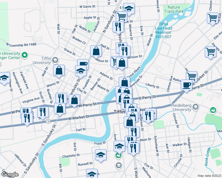 map of restaurants, bars, coffee shops, grocery stores, and more near 109 Frost Parkway in Tiffin