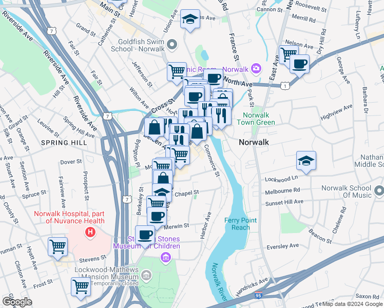 map of restaurants, bars, coffee shops, grocery stores, and more near 61 Wall Street in Norwalk