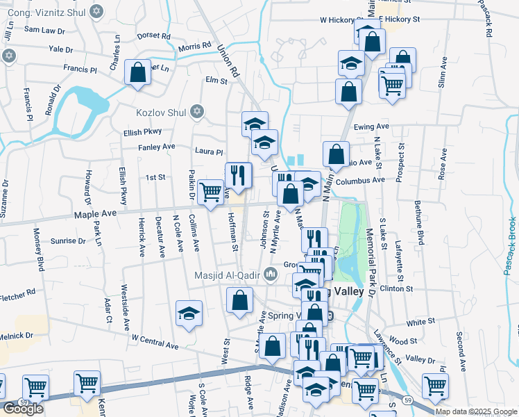 map of restaurants, bars, coffee shops, grocery stores, and more near 41 North Myrtle Avenue in Spring Valley