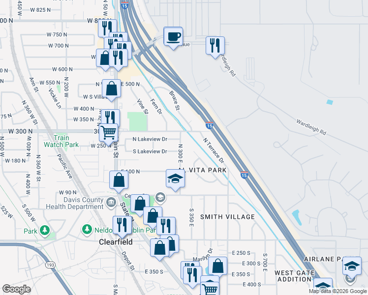 map of restaurants, bars, coffee shops, grocery stores, and more near 164 North 300 East in Clearfield