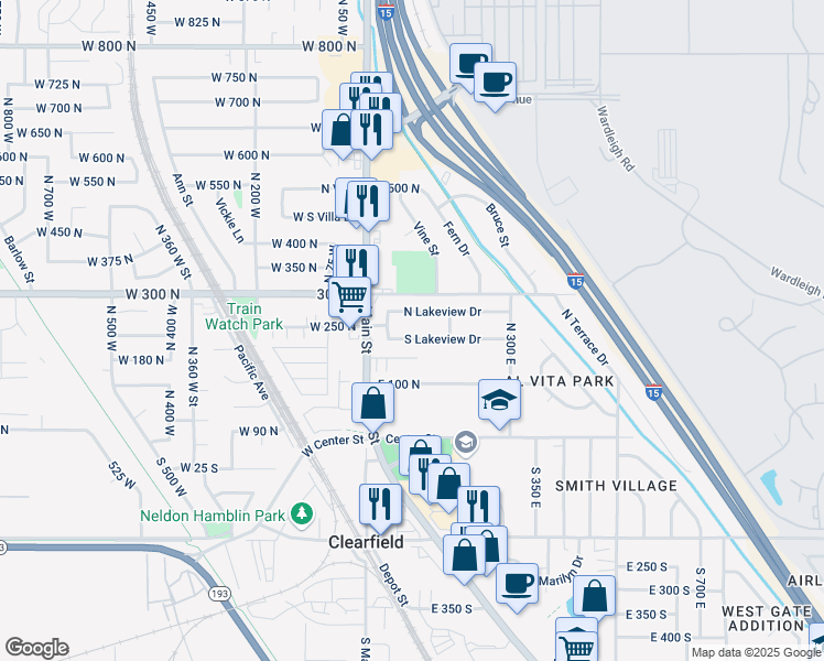 map of restaurants, bars, coffee shops, grocery stores, and more near 78 South Lakeview Drive in Clearfield