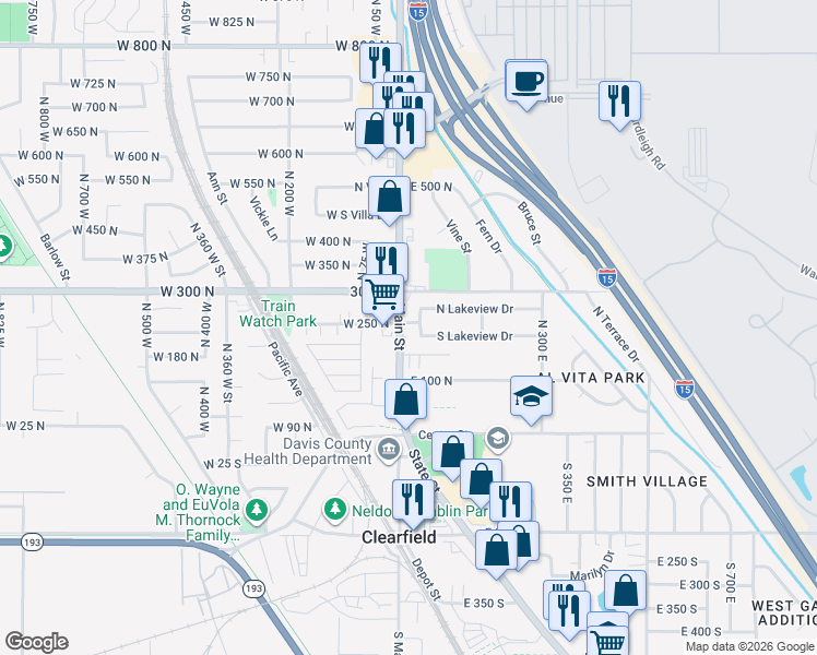 map of restaurants, bars, coffee shops, grocery stores, and more near 140 North Main Street in Clearfield