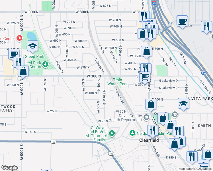 map of restaurants, bars, coffee shops, grocery stores, and more near 327 200 North in Clearfield