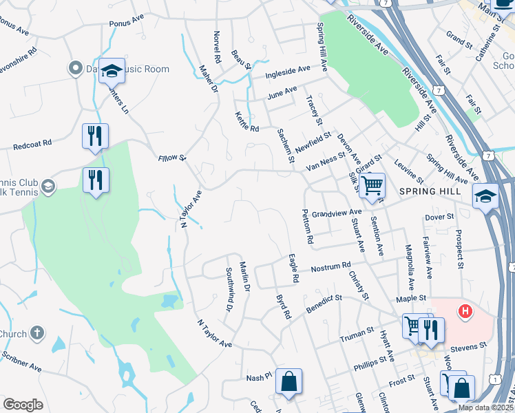 map of restaurants, bars, coffee shops, grocery stores, and more near 7 Rockmeadow Road in Norwalk
