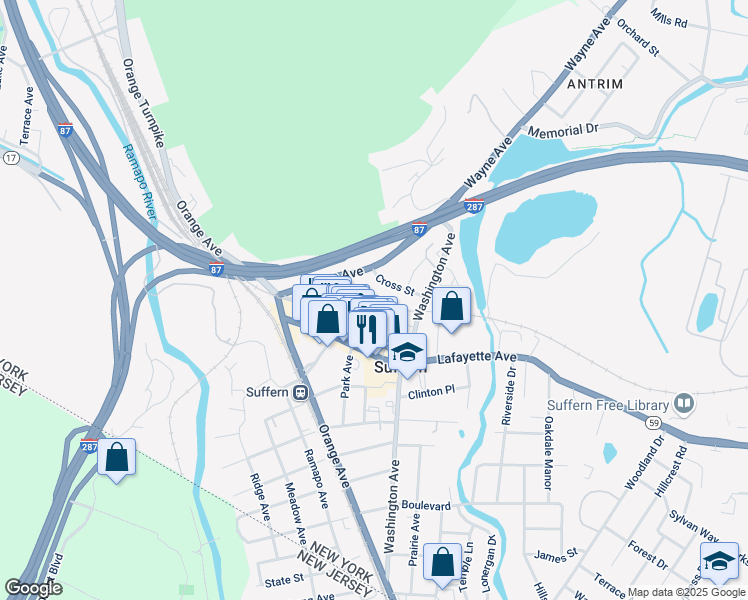 map of restaurants, bars, coffee shops, grocery stores, and more near 15b Suffern Place in Suffern