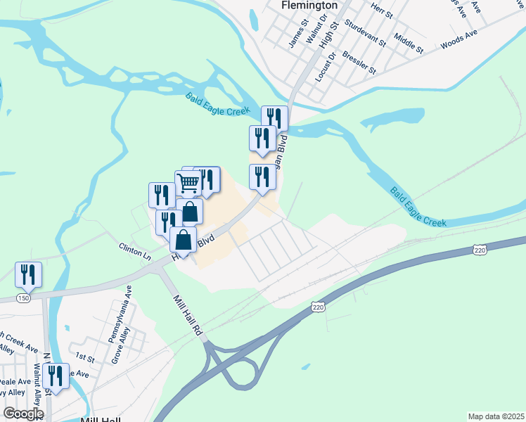 map of restaurants, bars, coffee shops, grocery stores, and more near 212 Hogan Boulevard in Mill Hall