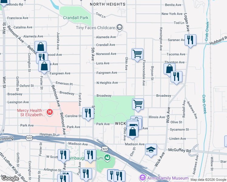 map of restaurants, bars, coffee shops, grocery stores, and more near 264 Broadway in Youngstown