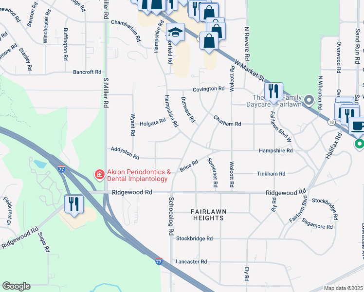 map of restaurants, bars, coffee shops, grocery stores, and more near 250 Schocalog Road in Akron