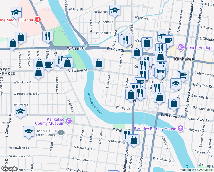 map of restaurants, bars, coffee shops, grocery stores, and more near 471 South 5th Avenue in Kankakee