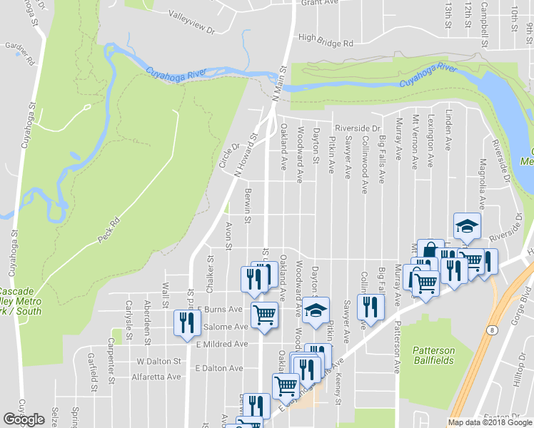 map of restaurants, bars, coffee shops, grocery stores, and more near 71 Creston Avenue in Akron