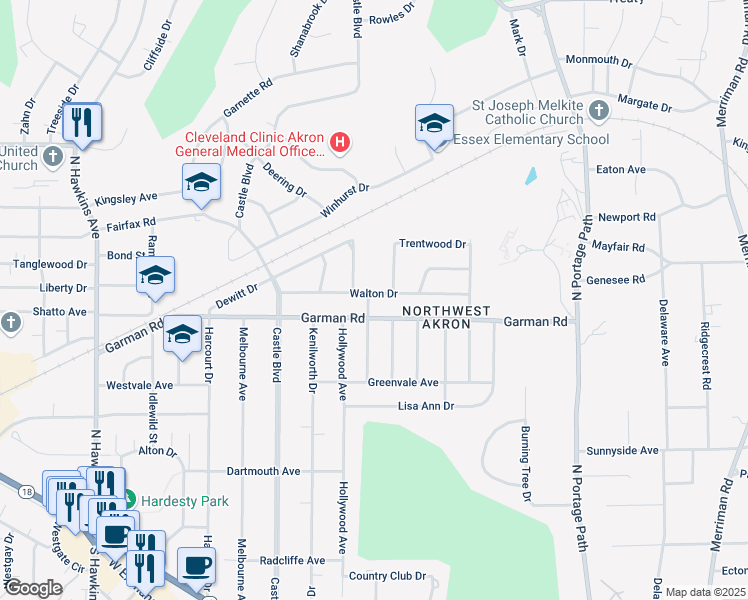 map of restaurants, bars, coffee shops, grocery stores, and more near 1227 Garman Road in Akron