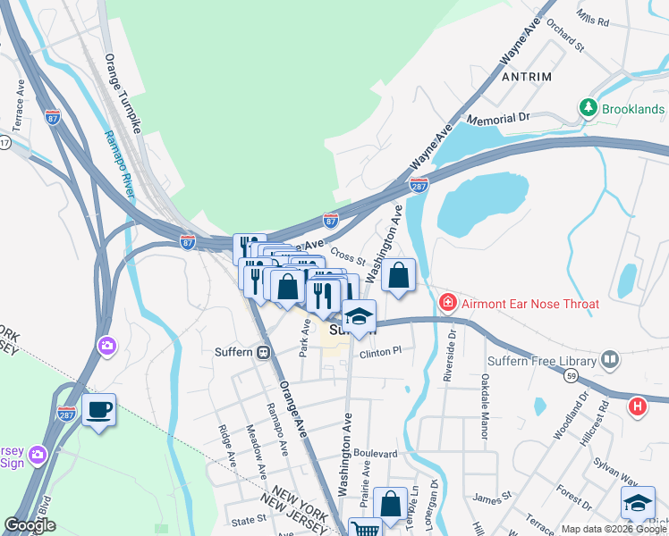 map of restaurants, bars, coffee shops, grocery stores, and more near 15b Suffern Place in Suffern