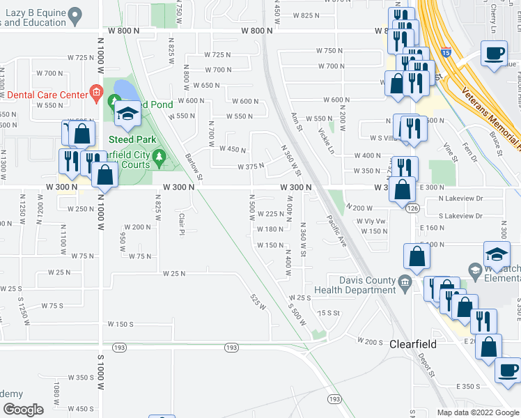 map of restaurants, bars, coffee shops, grocery stores, and more near 485 West 225 North in Clearfield